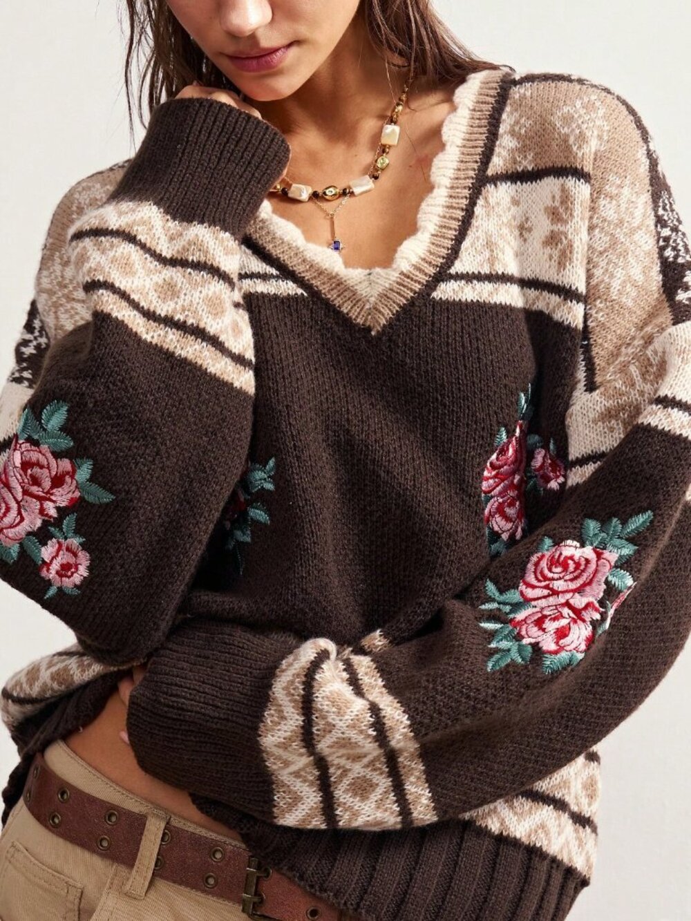 Mocha Brown Casual Women's Jacquard Contrast Color Embroidered Knit Cardigan - Picture 1 of 10